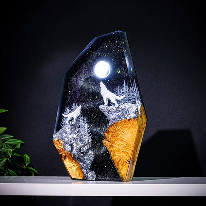 Snowy Moon Wolf Resin Lamp